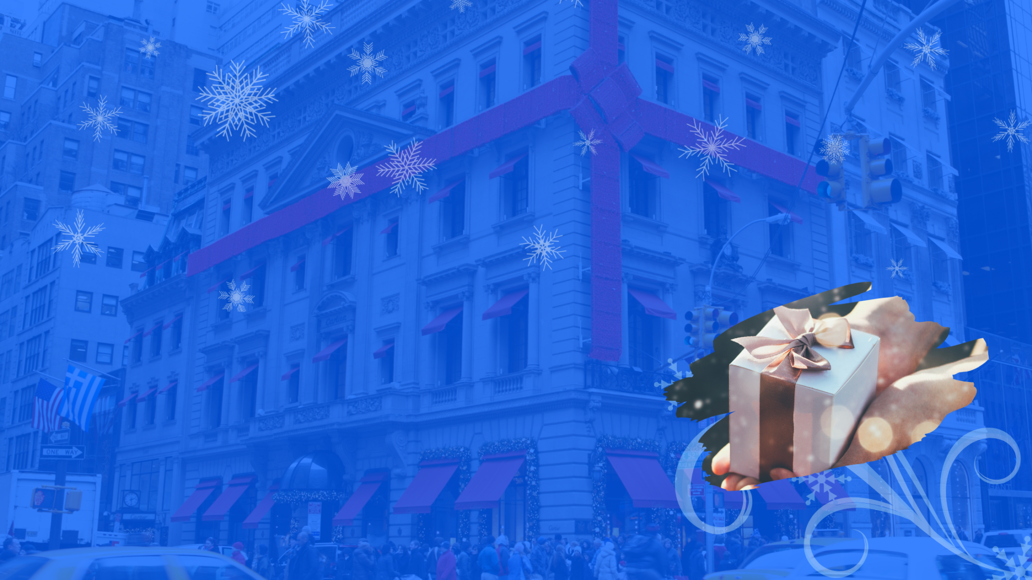 A white gift box with a pink bow floats above a winter street scene with falling snowflakes and ornate blue buildings.