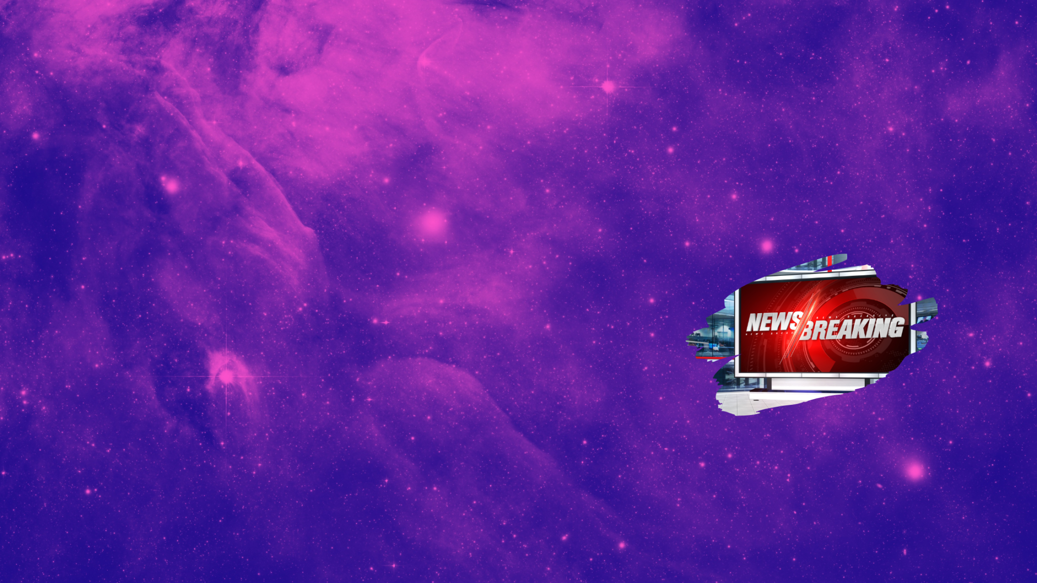 A red "Breaking News" broadcast banner graphic floats against a vibrant purple and pink cosmic background with swirling clouds and glowing particles.