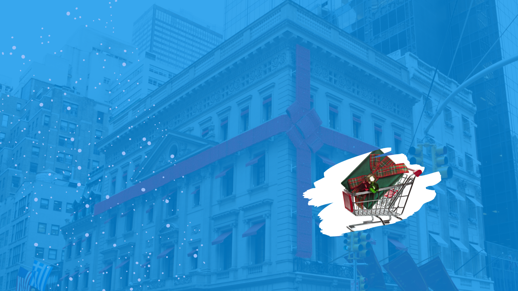 Shopping cart filled with wrapped gifts floating above a city street with digital network elements.