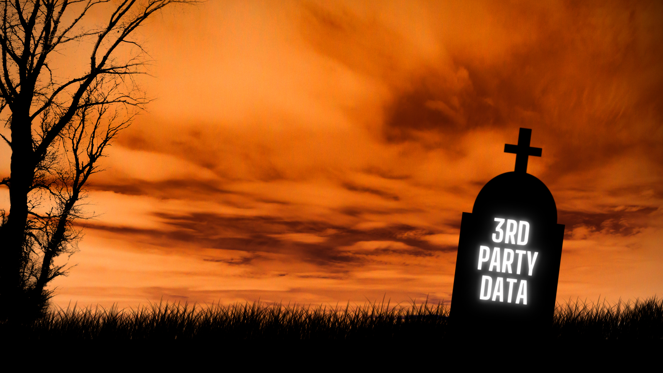 A gravestone silhouetted against an orange sunset sky displays the text "3RD PARTY DATA" against a barren landscape with a bare tree.