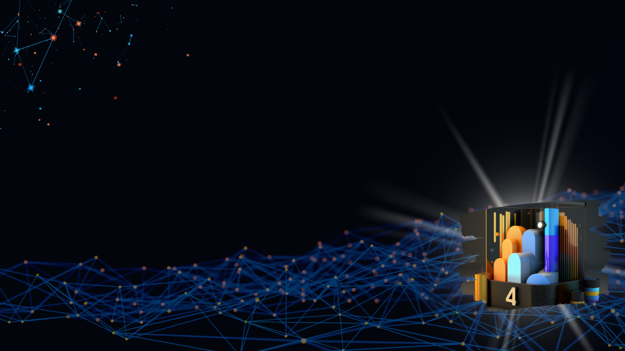 A 3D data analytics interface with colorful bar charts and network connections displays digital information flow across a dark background with interconnected nodes.