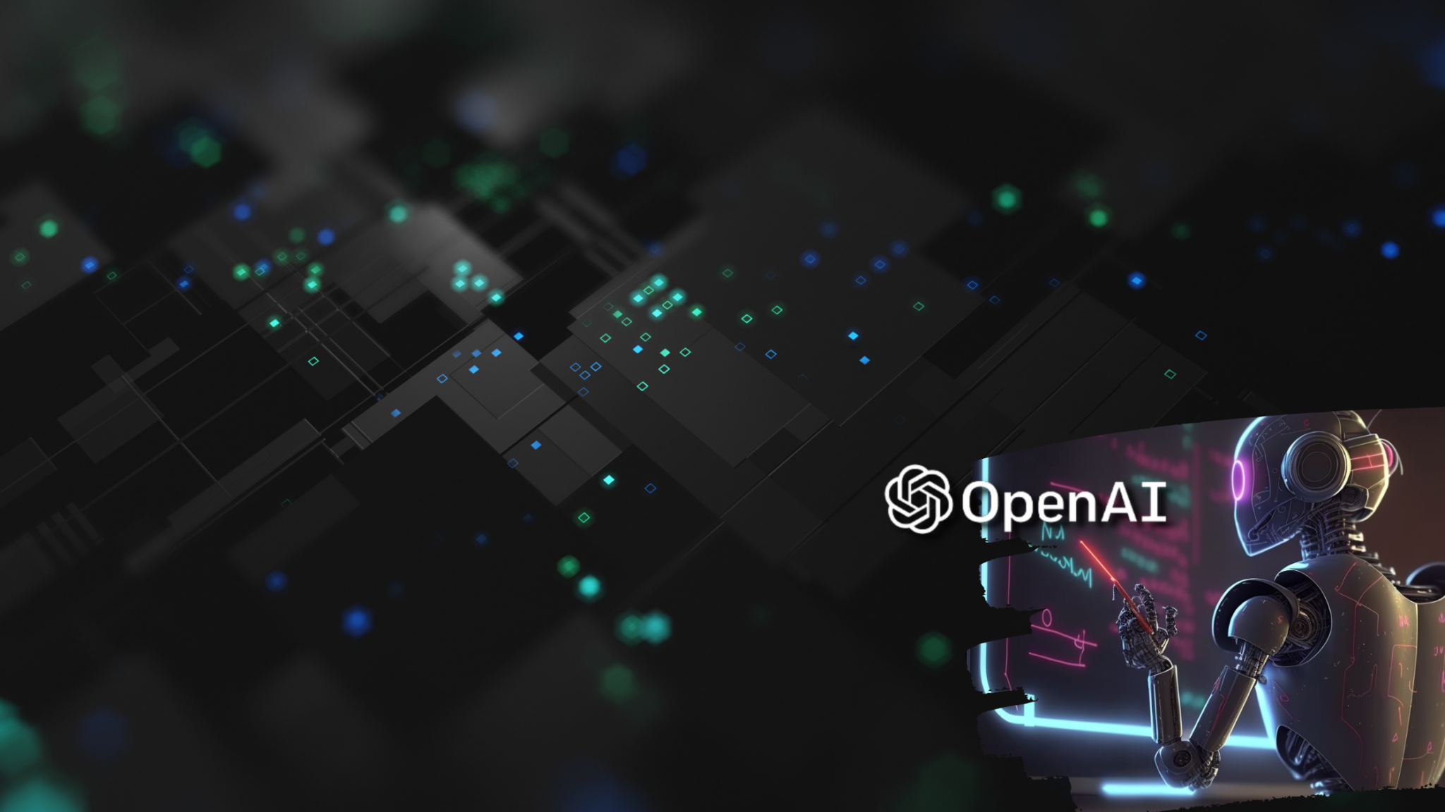OpenAI logo displayed on a dark background with circuit board patterns and glowing blue and green data points, alongside a stylized AI robot figure wearing headphones.