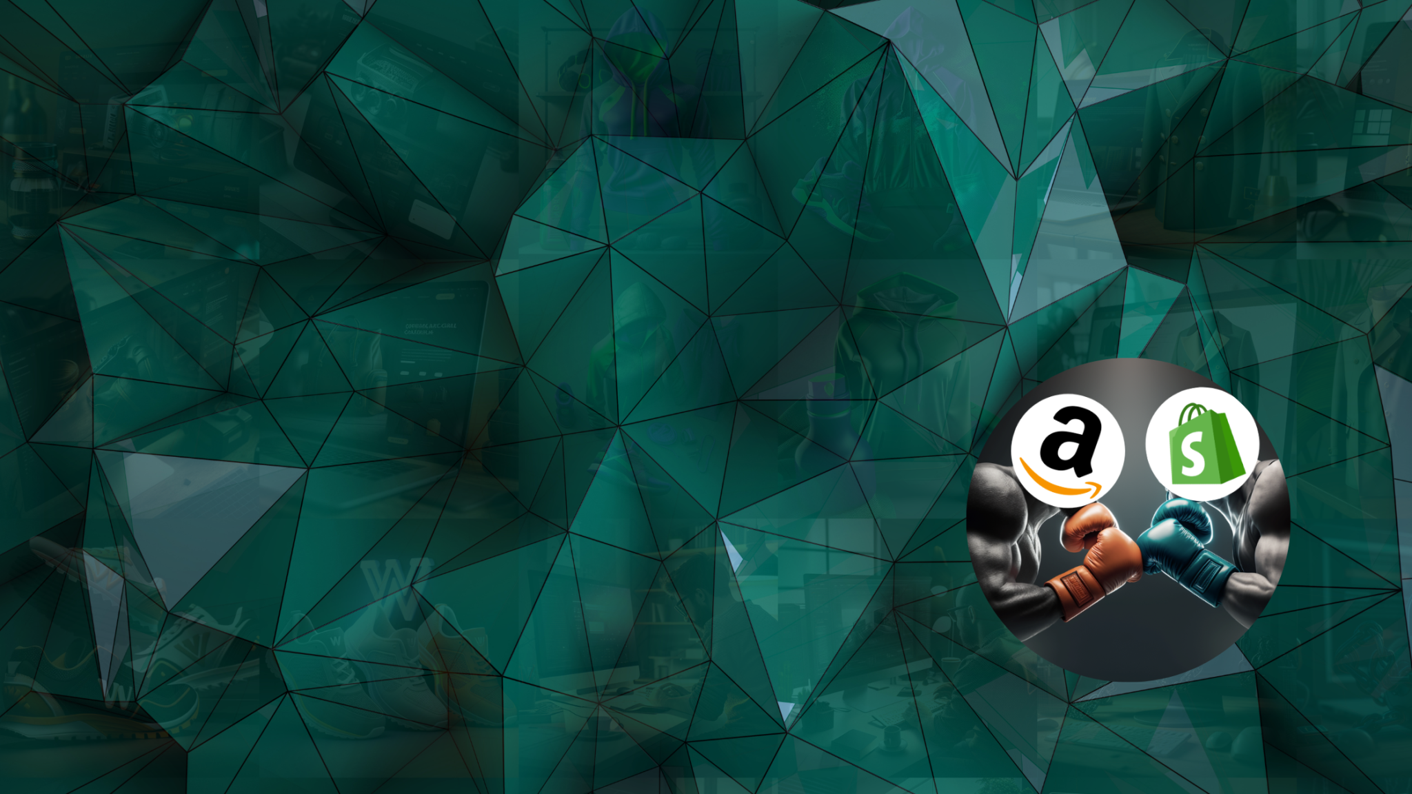 Two gloved hands holding boxing gloves with Amazon and Shopify logos against an abstract teal geometric background.