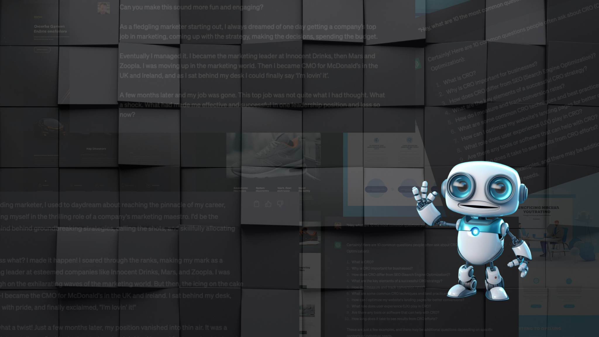 A friendly white robot with bright blue eyes waves while standing in front of overlapping screens displaying marketing content and strategy materials.