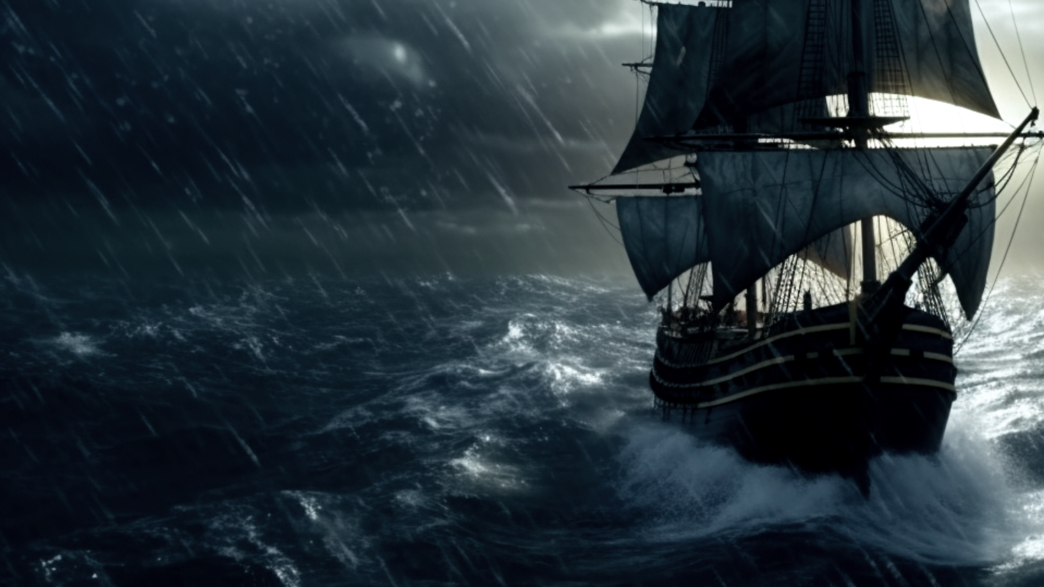 A sailing ship navigates through stormy seas with dark sails billowed against turbulent waves and heavy rain under a dramatic sky.