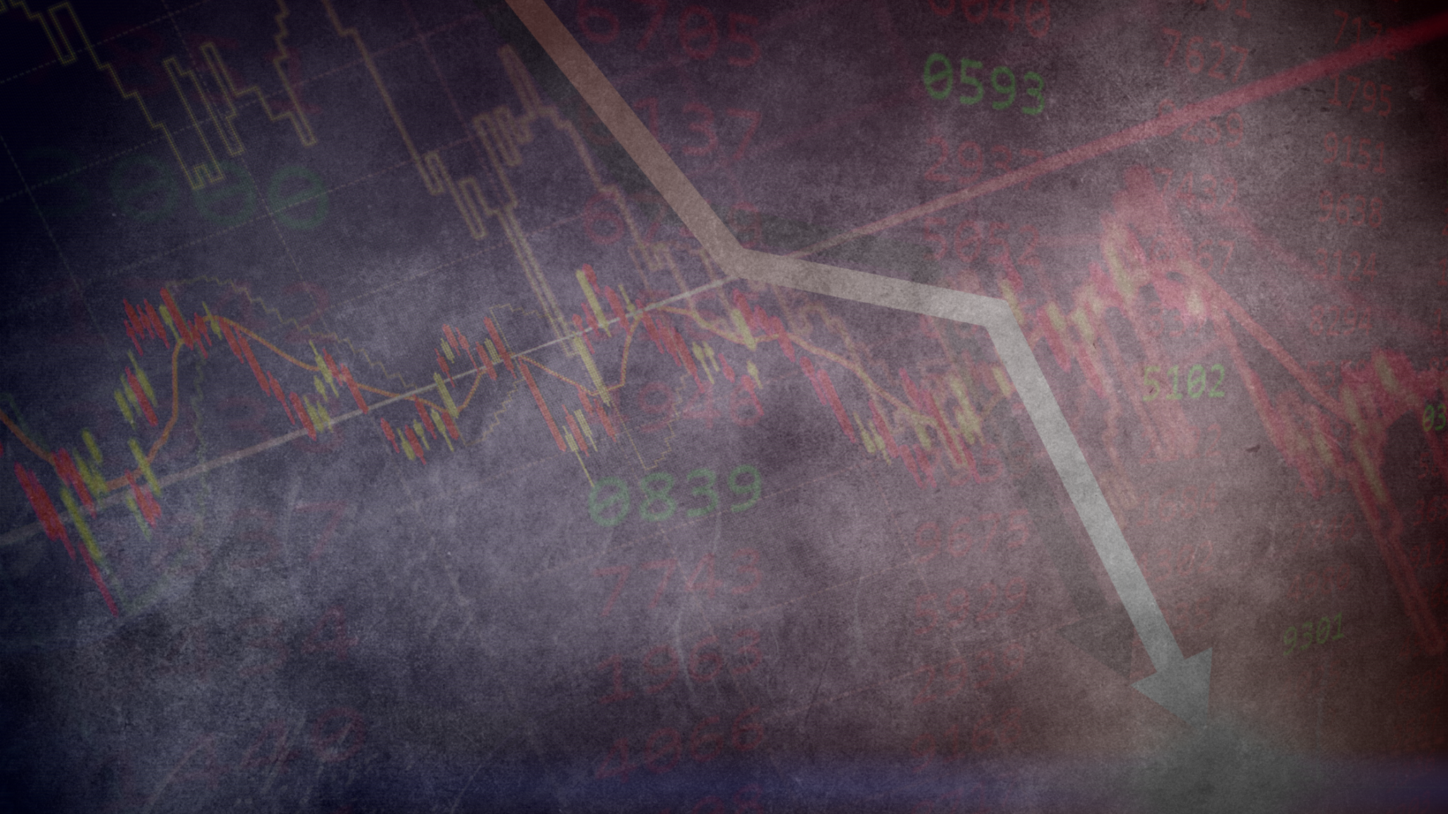 Stock market candlestick charts with a downward trending arrow indicating declining financial performance.