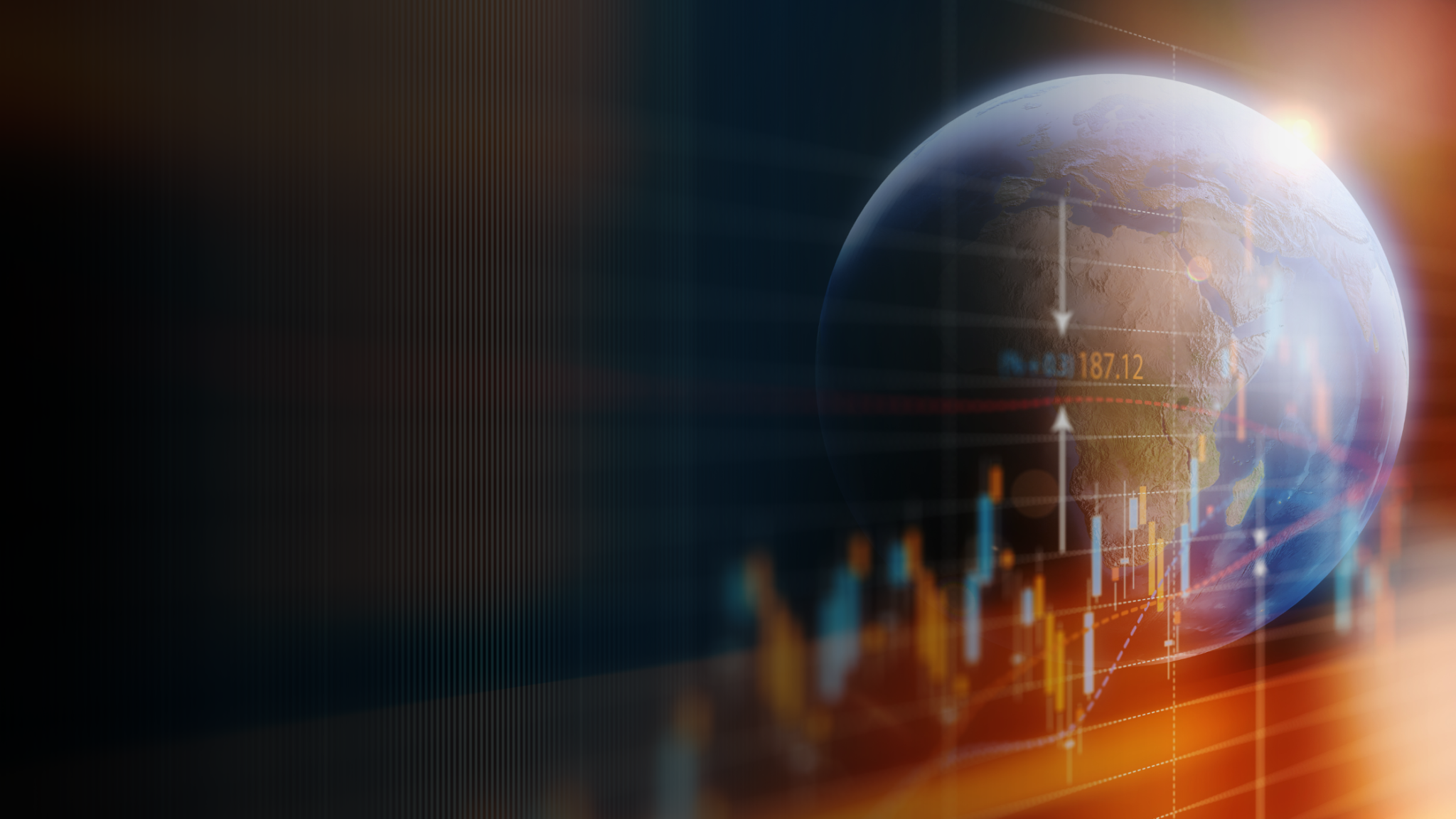 A glowing globe overlays a candlestick stock chart with financial data and upward trending indicators in warm orange and cool blue tones.