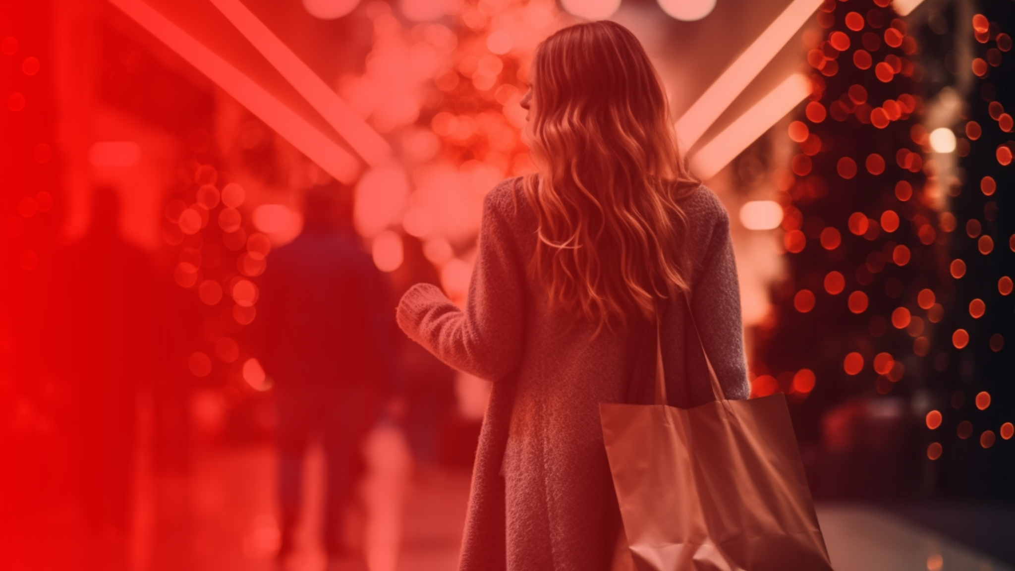 A woman with long reddish-brown hair stands facing away in a warm-lit urban environment surrounded by red and orange bokeh lights and decorative elements.