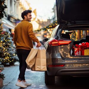 A man loads shopping bags into a car trunk on a festive, decorated street, eager to enjoy the spoils of holiday profits.