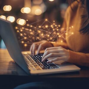 A person types on a laptop, with glowing abstract connections floating above the keyboard, symbolizing innovative strategies for small businesses in a digital landscape.