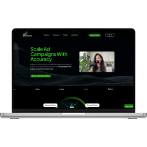 Laptop displaying a digital marketing agency website featuring a campaign titled "Scale Ad Campaigns With Accuracy" with a woman in a video testimonial on the right side.