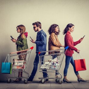 Four people stand in a line with shopping carts while looking at their mobile devices.
