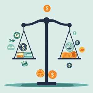 Illustration of a balance scale with money symbols, cash, and coins on each side, representing financial comparison or decision-making in the business world of 2025.