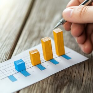 A hand holding a pen points at a 3D bar graph on paper, illustrating business growth projections for 2025. The graph features orange bars increasing in height from left to right, set on a wooden surface.