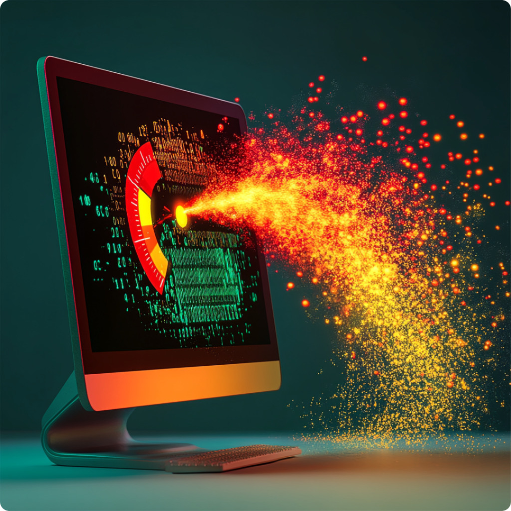 A desktop computer monitor displays a red and yellow gauge at maximum capacity while emitting a burst of glowing particles that disperse across a teal background, symbolizing data overflow or system overload.