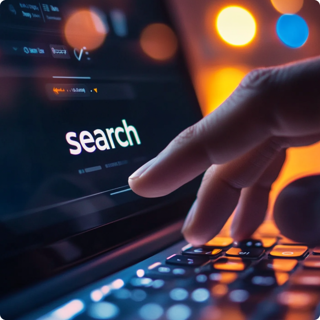 A person's hand touches a digital screen displaying the word "search" while typing on a keyboard, illuminated by warm and cool-toned ambient lighting.