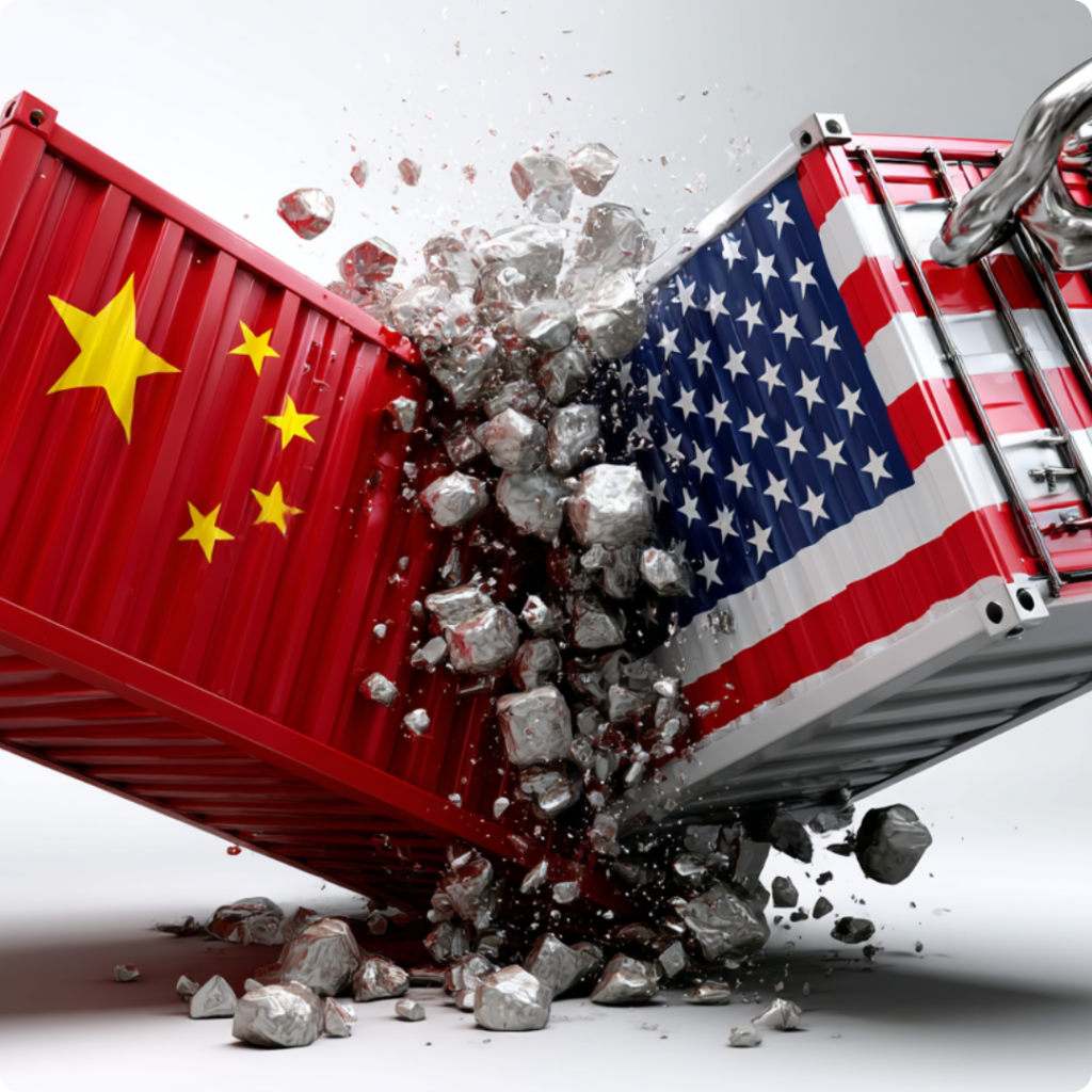 Two shipping containers bearing the Chinese and American flags collide with explosive force, creating a burst of debris and rubble between them.