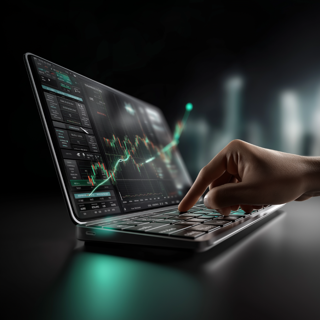 A hand typing on a laptop keyboard displaying financial trading charts with green upward trending lines and data analytics dashboard in the background.