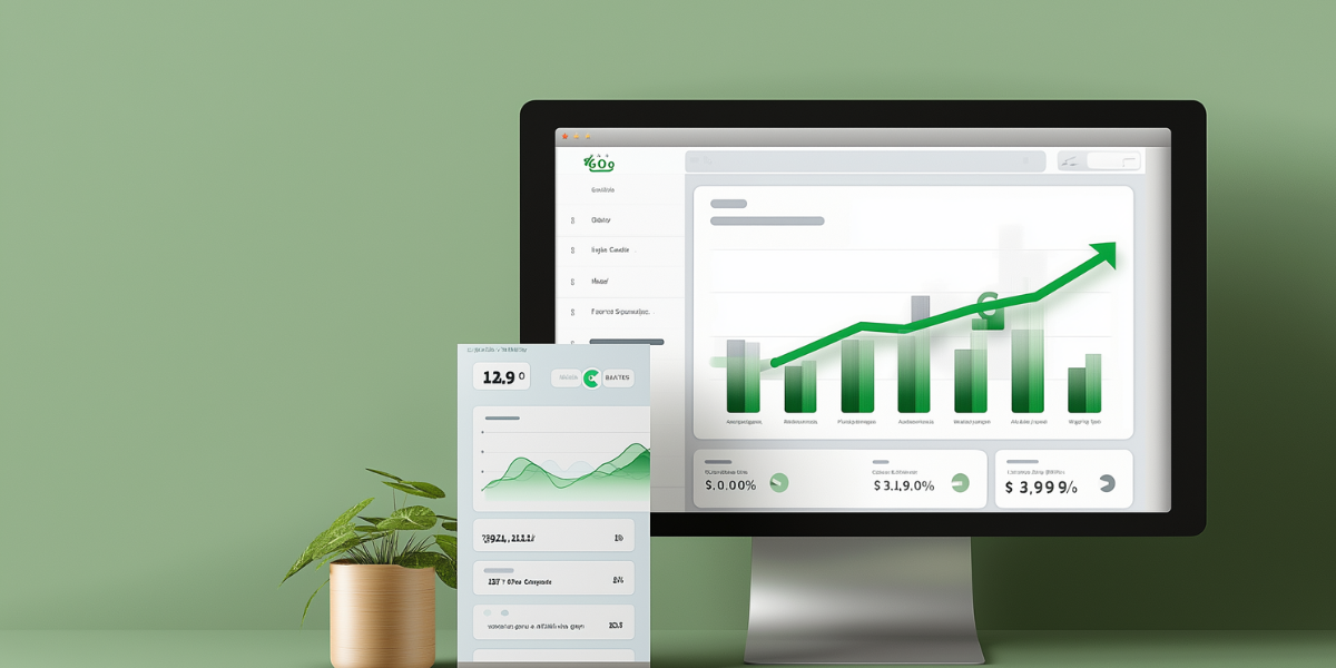 A desktop monitor displays a green-themed analytics dashboard with bar charts and an upward trending arrow, accompanied by a smartphone showing performance metrics and a potted plant on a sage green surface.