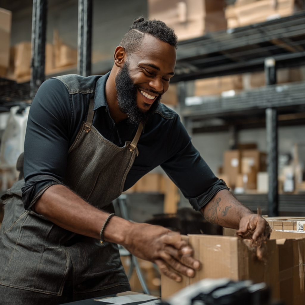 A smiling man with a beard wearing a denim apron packs a cardboard box in a warehouse filled with shelves of inventory.