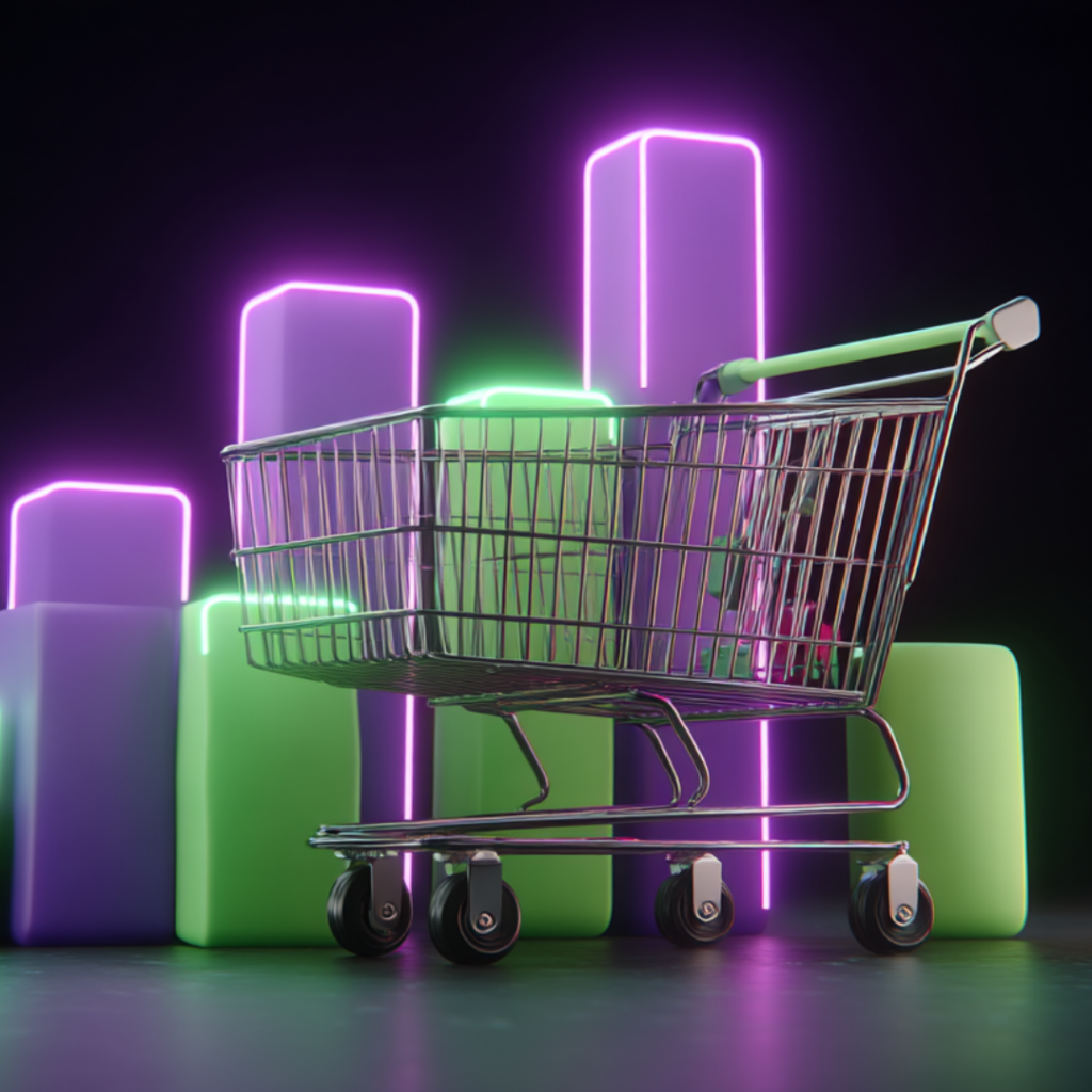 A neon-lit shopping cart positioned in front of glowing purple and green geometric shapes against a dark background.