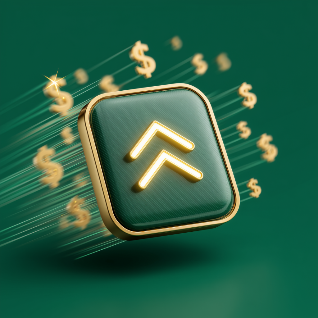 Gold upward arrow icon with dollar signs streaming outward on a teal background, symbolizing financial growth and increased revenue.