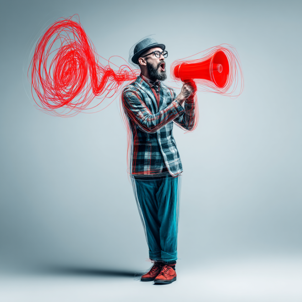 A man in a plaid blazer and cap holding a red megaphone with animated sound waves emanating from it against a gray background.