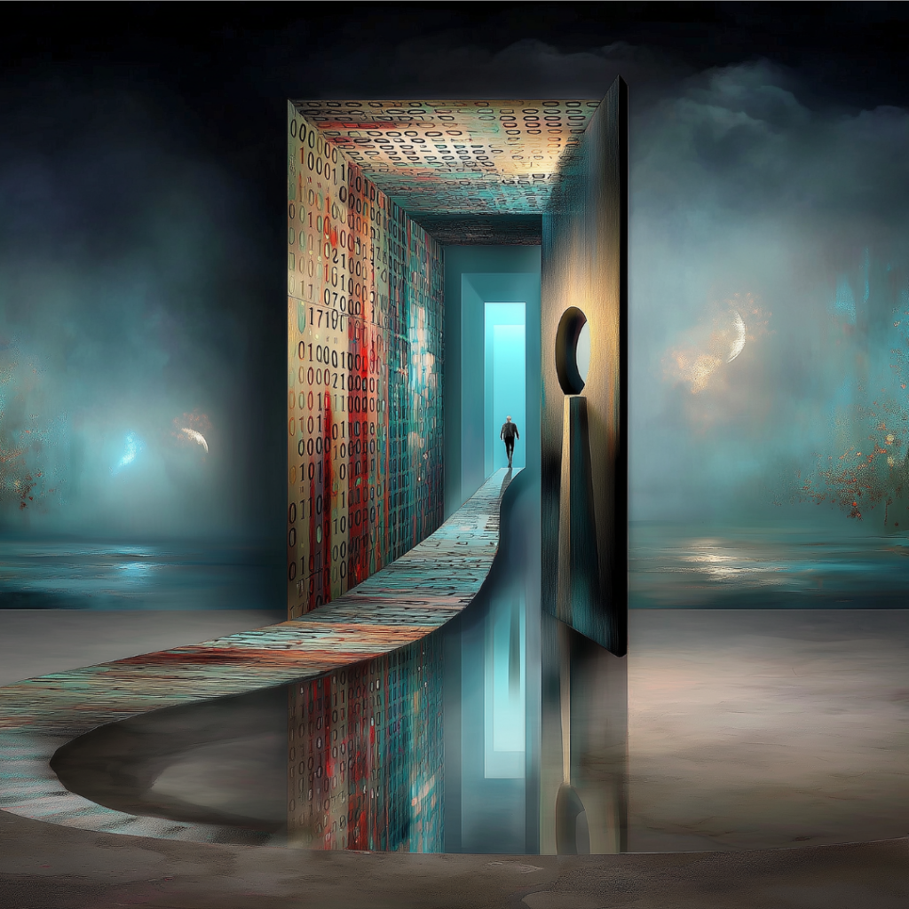 A solitary figure walks through a futuristic corridor with binary code-covered walls, stepping toward a glowing exit into a surreal landscape with stormy skies and reflective water.