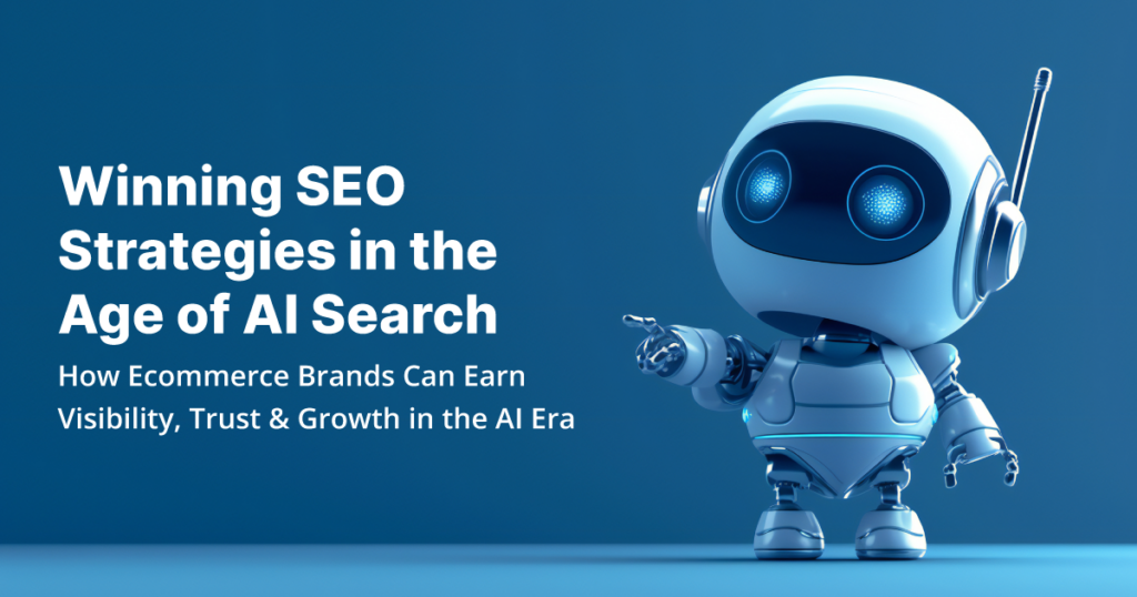 A blue robot points to text about SEO optimization strategies for ecommerce brands in the AI era, set against a blue background.