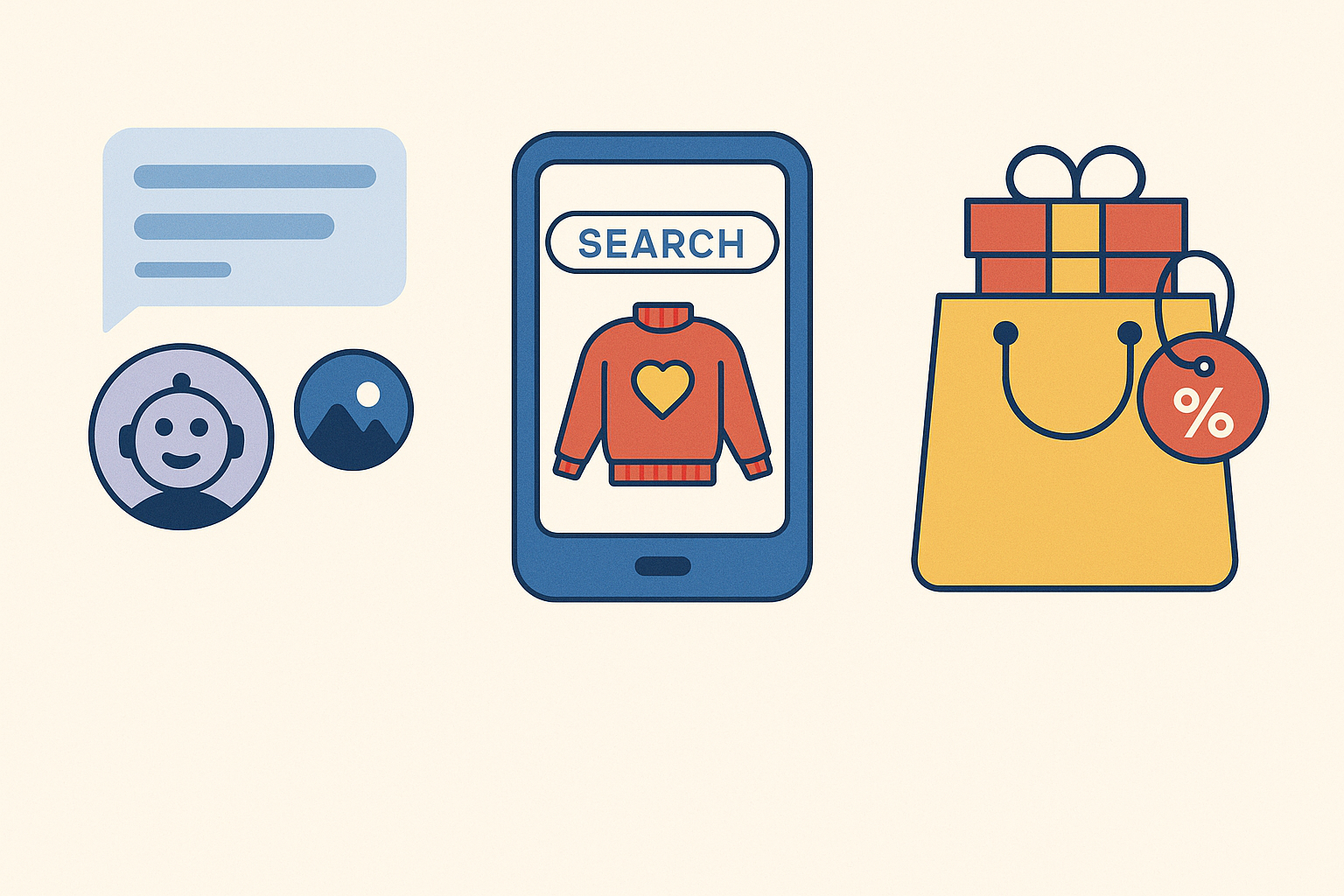 Three icons illustrating e-commerce and digital marketing: a chat conversation with user profiles, a smartphone displaying a product search interface, and a shopping bag with a discount tag.