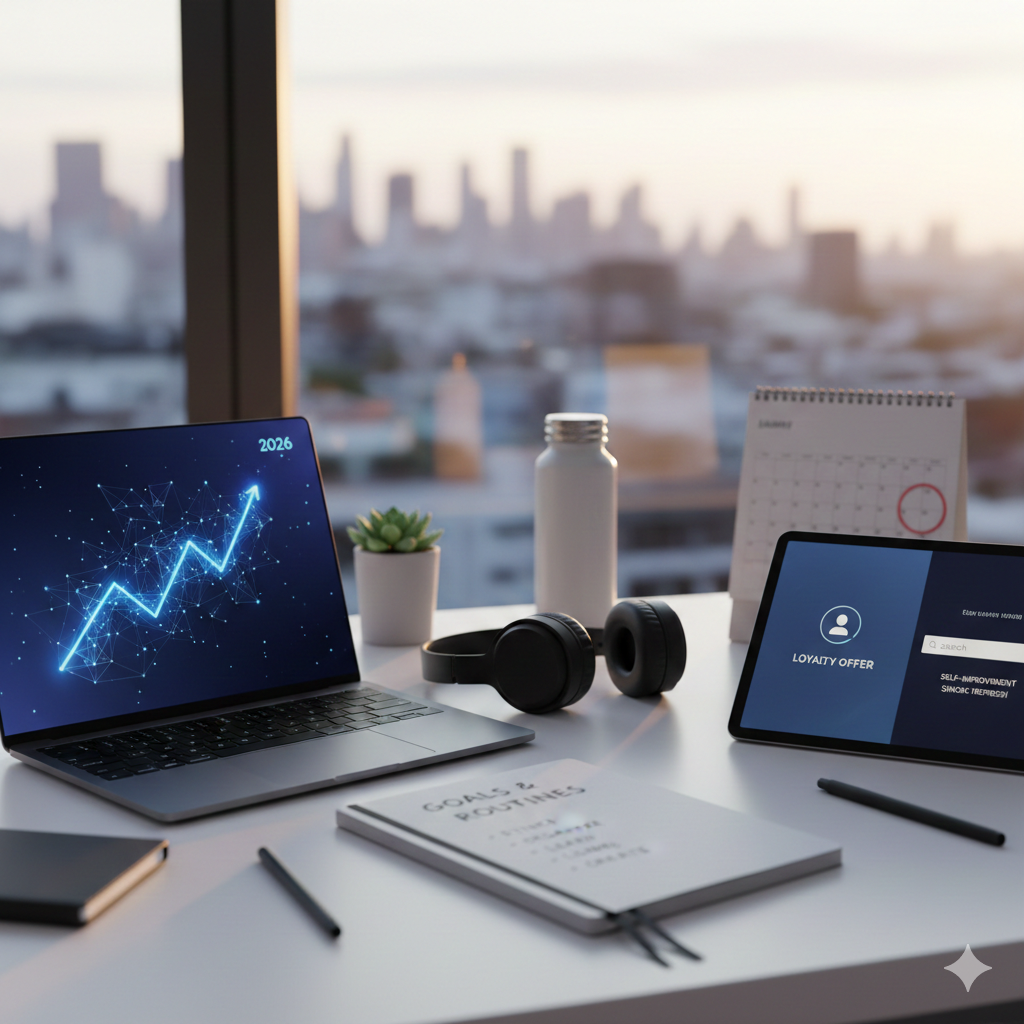 A modern desk setup with a laptop displaying a rising graph, a tablet with a loyalty offer screen, headphones, water bottle, notepad, pen, and a cityscape view through the window.