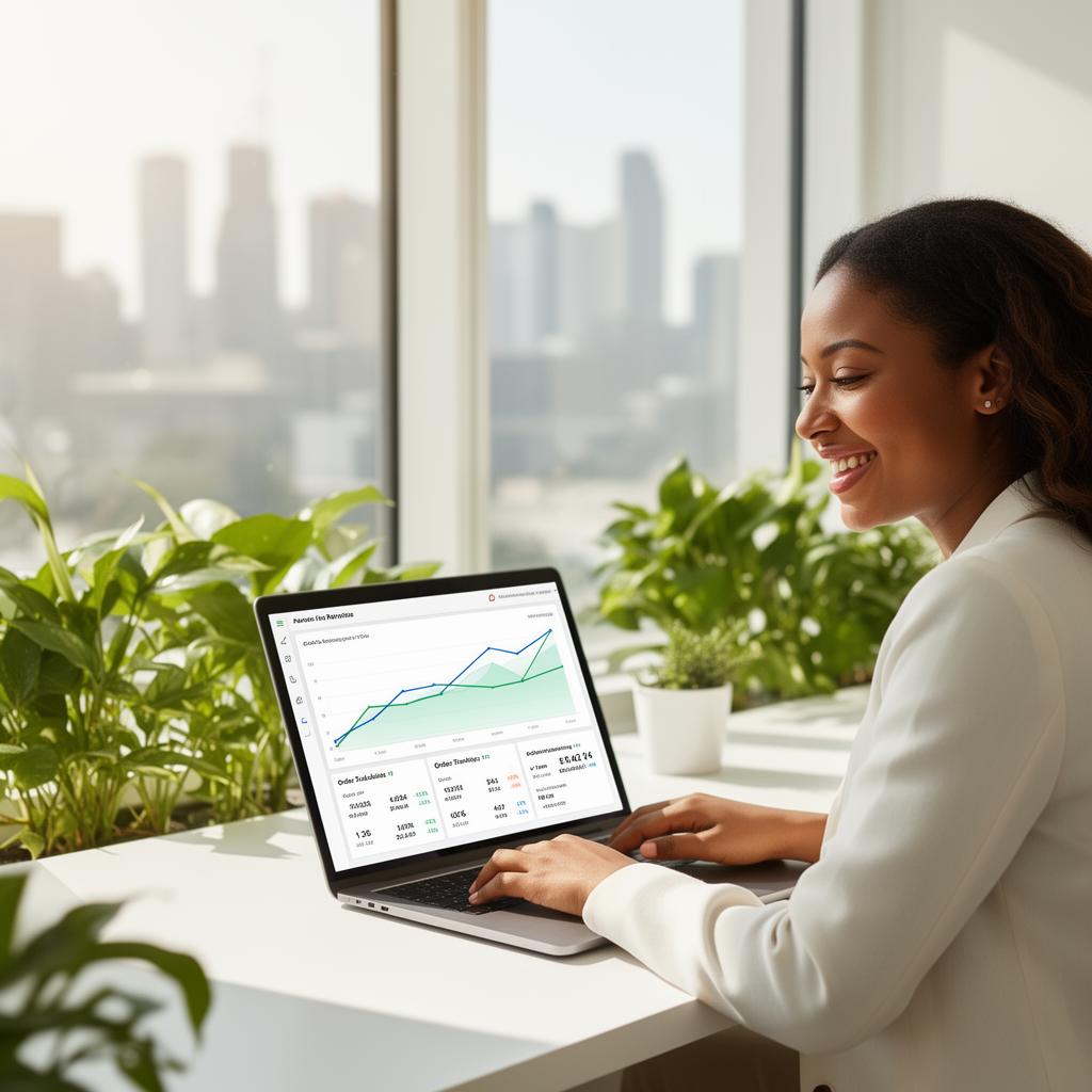 A woman in a white sweater smiles while reviewing analytics data with upward trending graphs on her laptop at a high-rise office desk surrounded by potted plants, with a city skyline visible through the windows behind her.