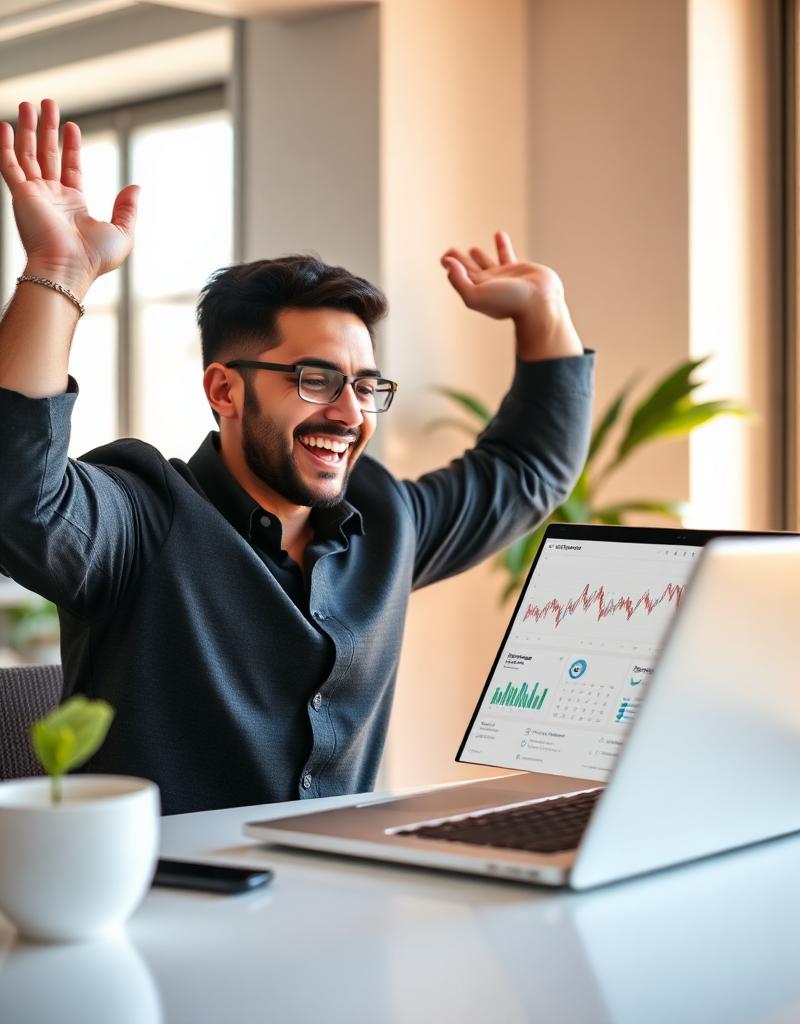 Young man with glasses celebrating at his desk while viewing analytics charts on a tablet and laptop.