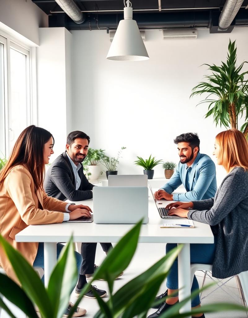 Four professionals collaborate around a white table with laptops in a modern office space with plants and natural lighting.