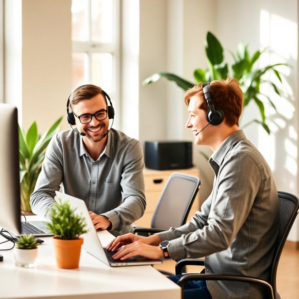 Two professionals wearing headsets conduct a video call at a desk in a bright office with plants and natural light.