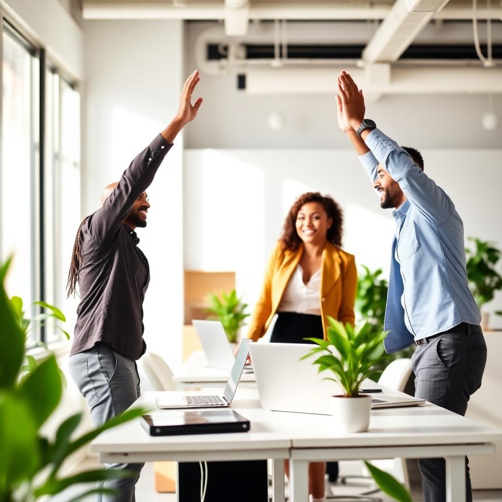 Three business professionals celebrate with raised hands at a desk in a bright, plant-filled office space.