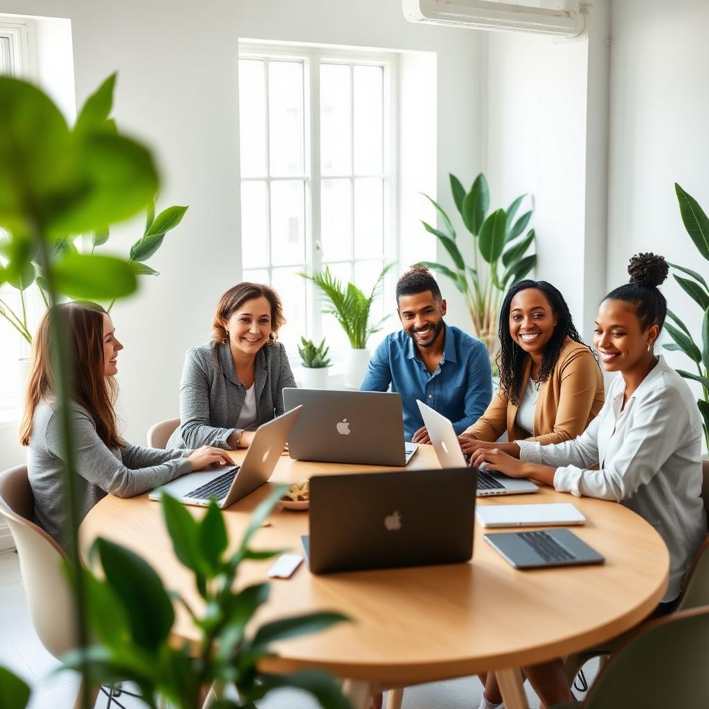 Five diverse professionals smile while collaborating at a round wooden table with laptops and notebooks in a bright, plant-filled office space.