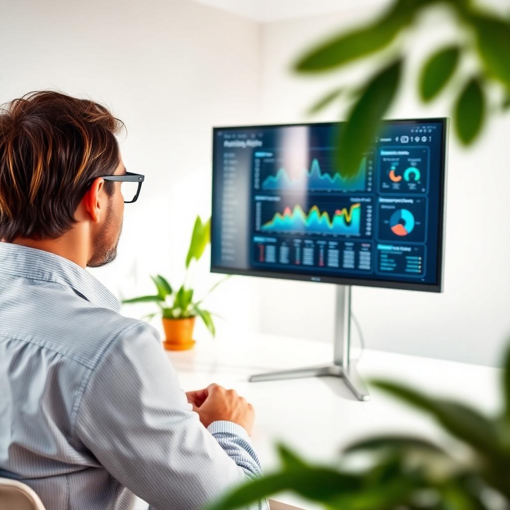 Man wearing glasses and light blue shirt analyzes data analytics dashboard displaying charts and graphs on a monitor in a bright office workspace with potted plants.