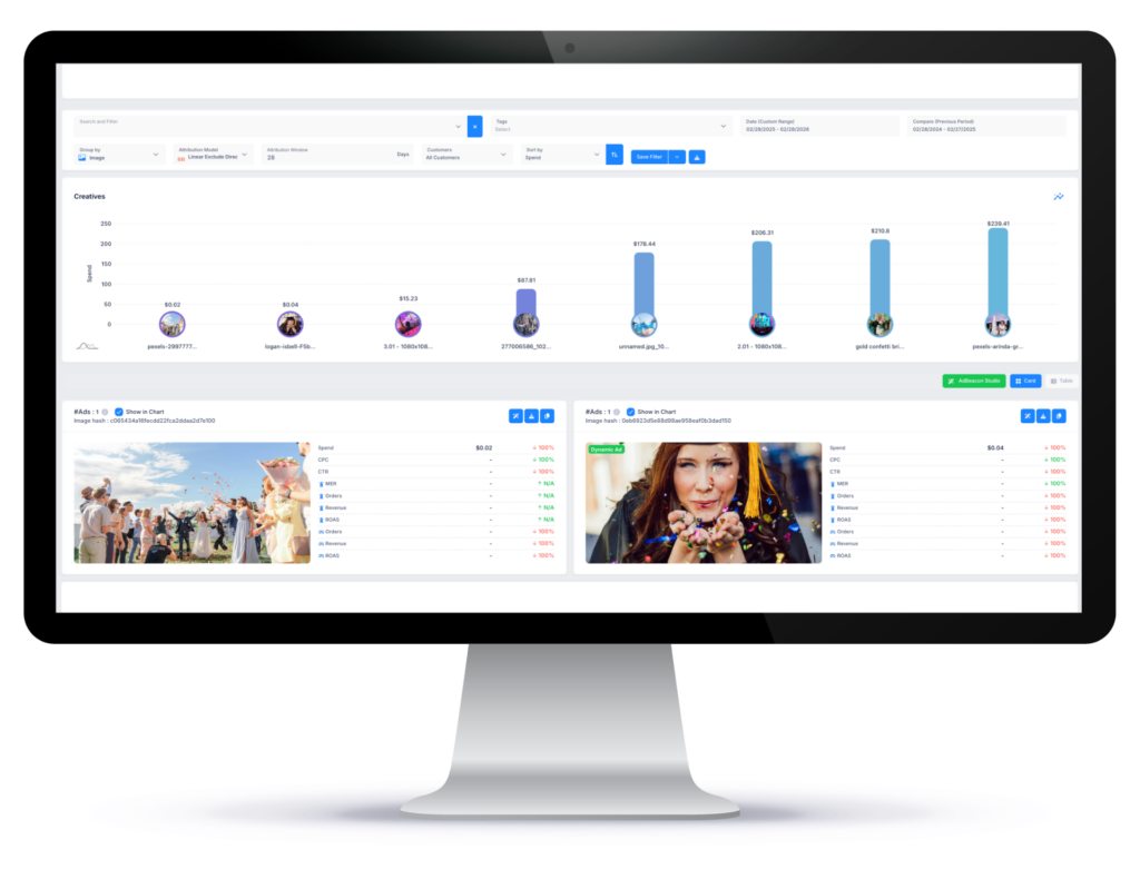 Analytics dashboard displaying creative content performance metrics with bar charts showing revenue data and audience engagement across multiple campaigns.