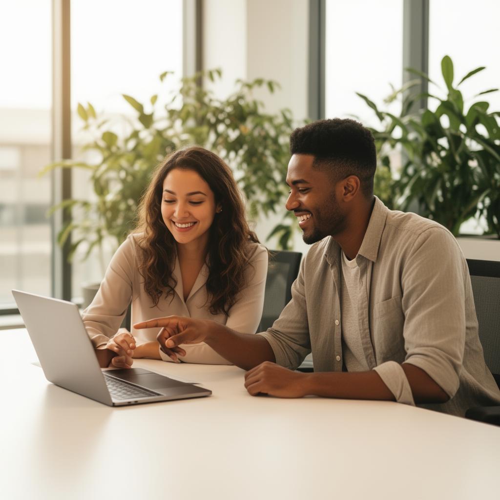 Two professionals smile while reviewing content on a laptop at a modern office desk surrounded by green plants.