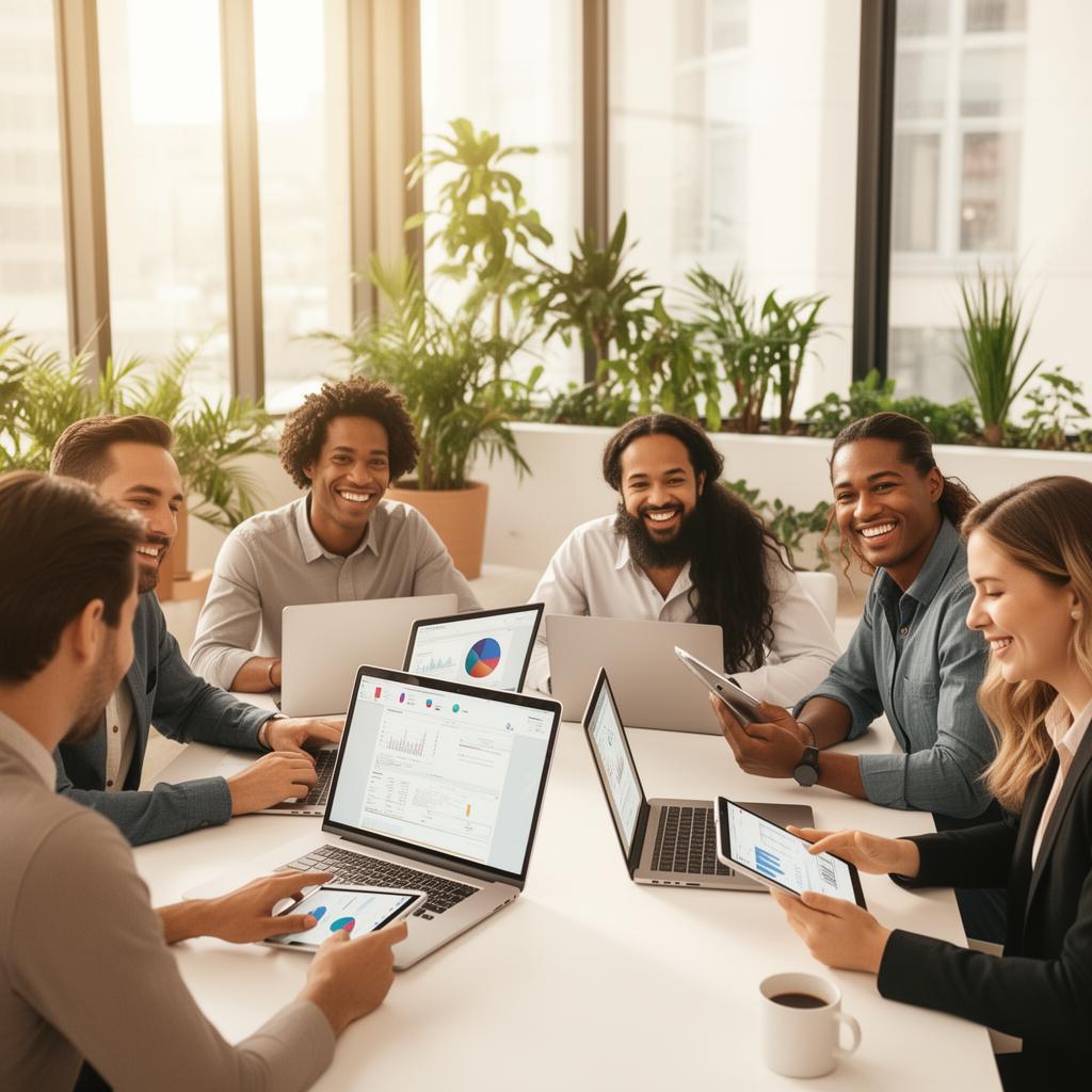 A diverse team of six professionals smiles while collaborating around a table with laptops and tablets displaying analytics and data charts in a bright office with plants and city views.