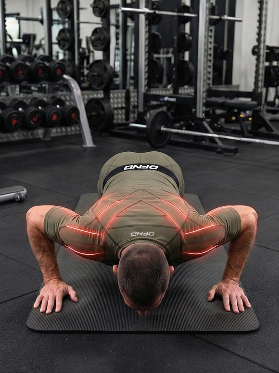 Man performing a push-up exercise on a mat in a gym with heat map visualization highlighting muscle engagement across his chest and shoulders.