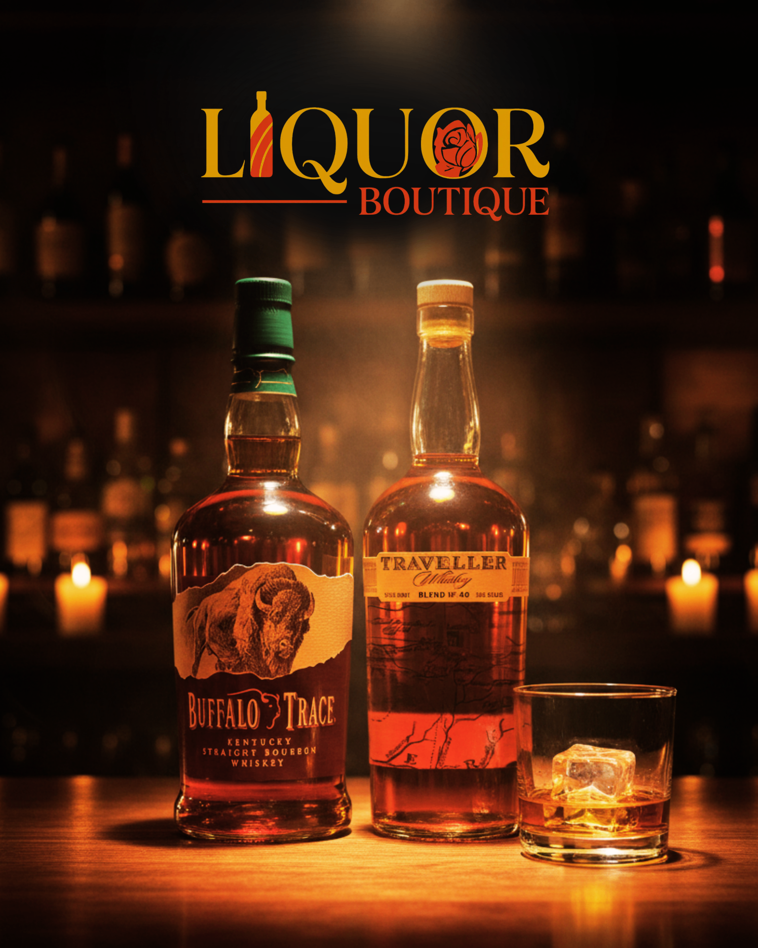 Two bottles of bourbon whiskey displayed on a wooden surface with a glass of whiskey and ice in the foreground, set against a warm-lit background with the Liquor Boutique logo above.