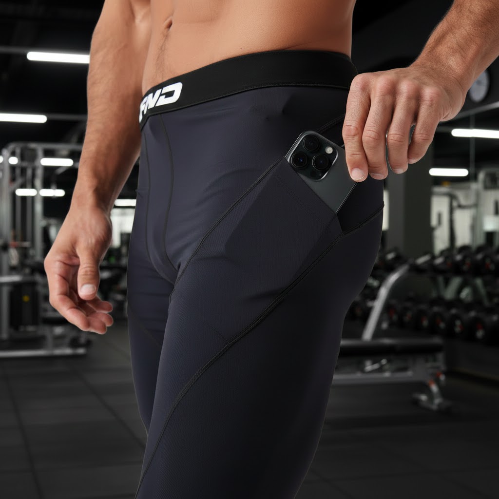 Man wearing dark athletic leggings with a phone pocket in a gym setting.