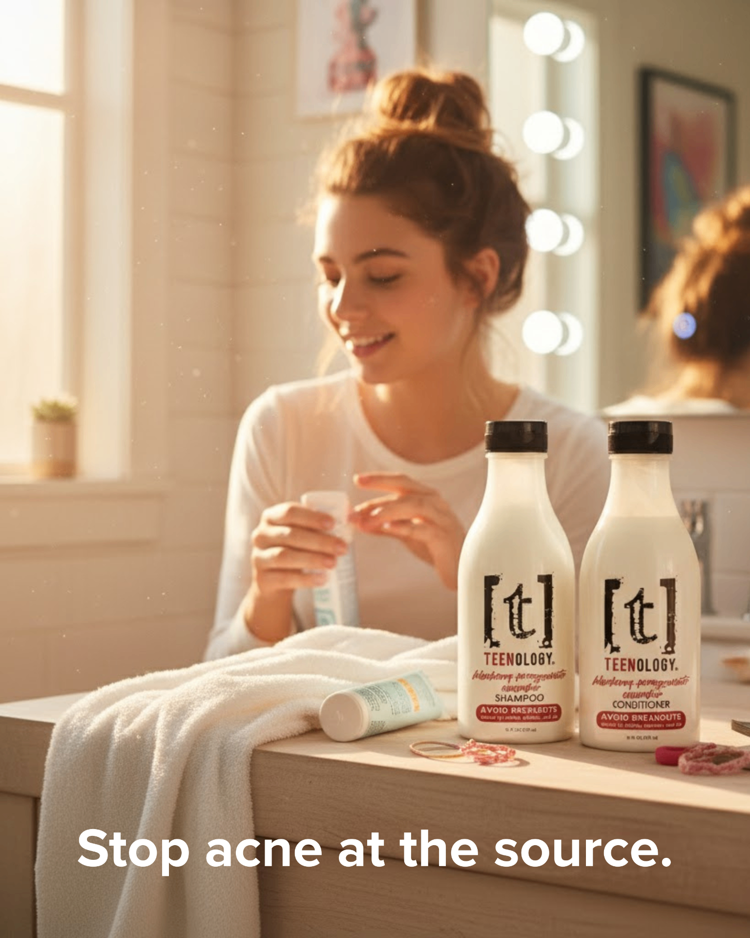 A young woman with reddish-brown hair in a bun sits at a vanity mirror with illuminated bulbs, examining Teenology hair care bottles labeled shampoo and conditioner.