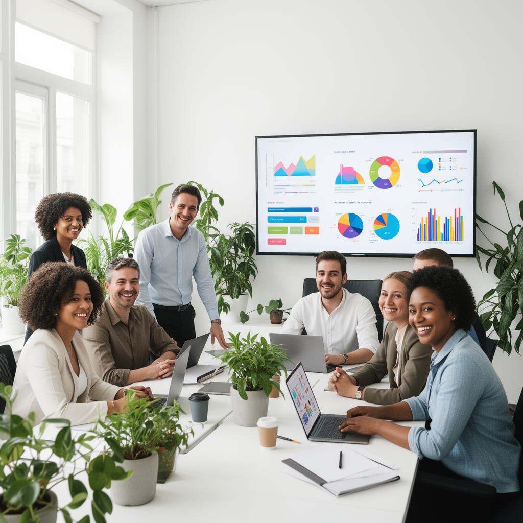 Diverse team of six professionals gathered around a conference table with laptops reviewing colorful data analytics and charts displayed on a wall-mounted screen in a bright, plant-filled office environment.