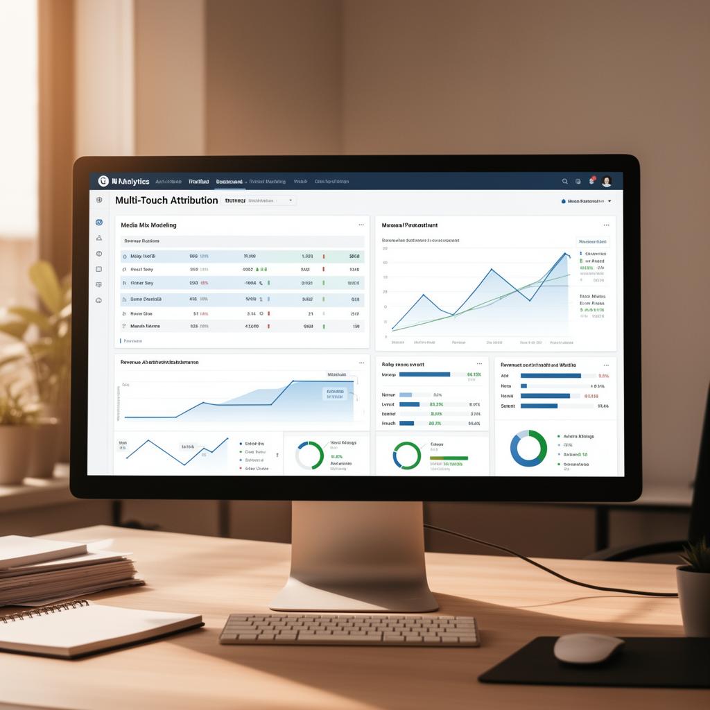 Analytics dashboard displaying multi-touch attribution data with media mix modeling charts, revenue trends, and performance metrics on a desktop monitor in a bright office setting.