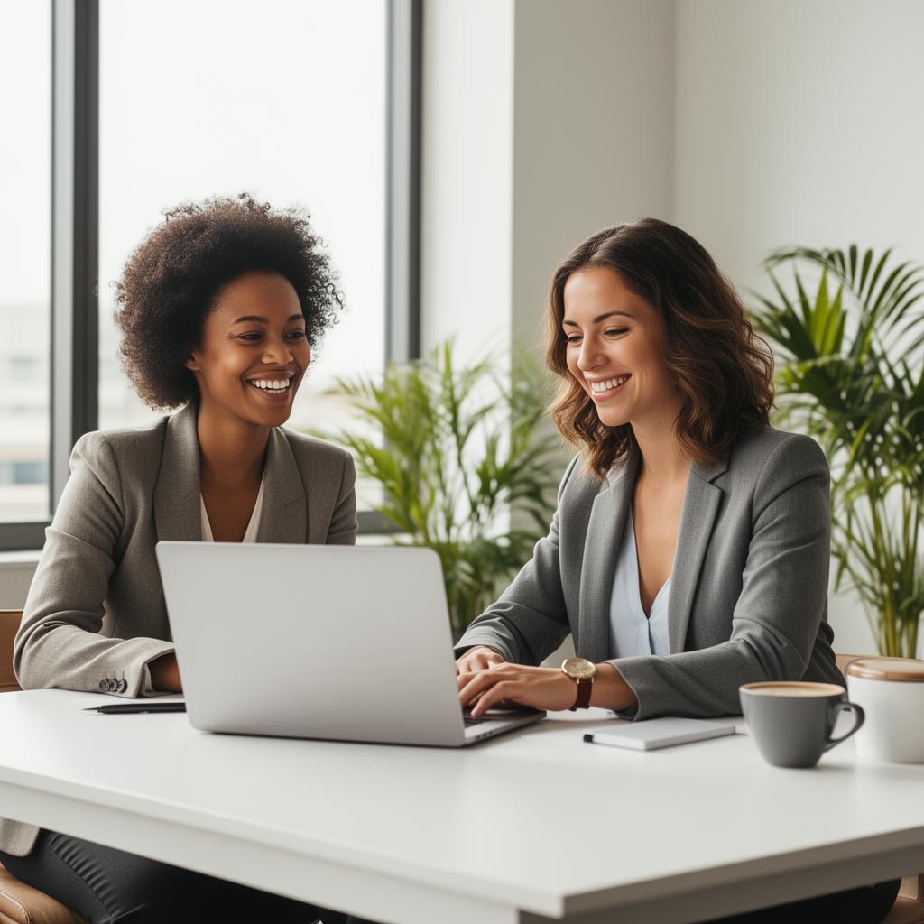 Two professional women in business attire collaborate at a laptop in a modern office workspace with large windows and indoor plants.