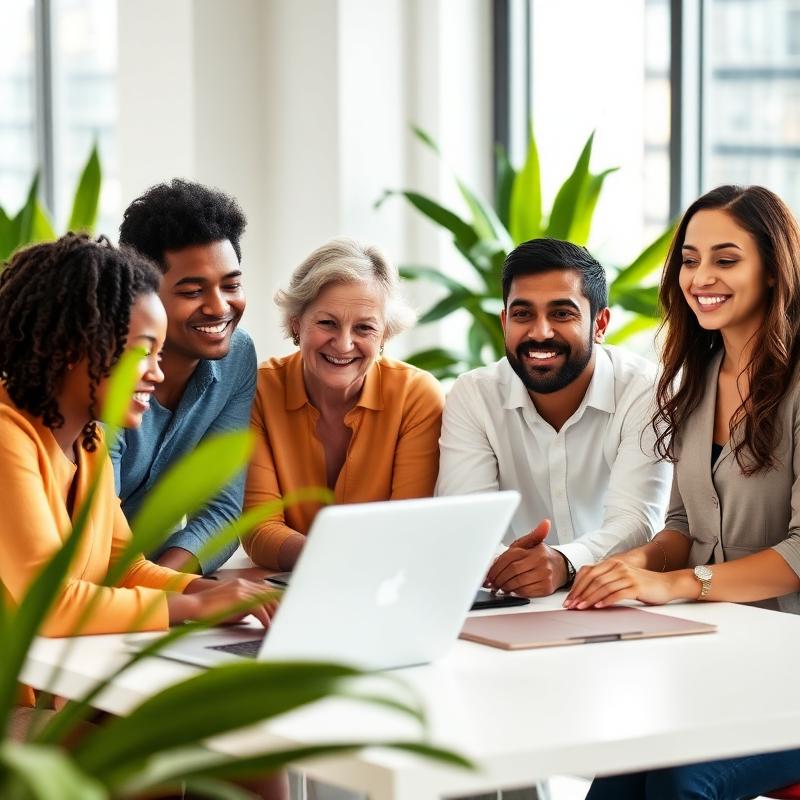 A diverse team of five professionals smiling while gathered around a laptop at a conference table in a bright office with plants and city views.
