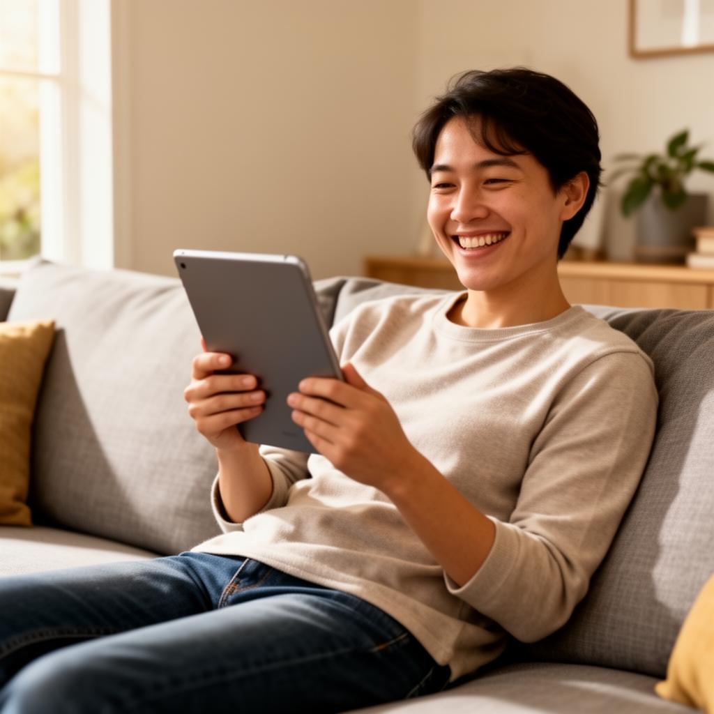 A smiling young man sits on a couch using a tablet device in a bright, modern living room.